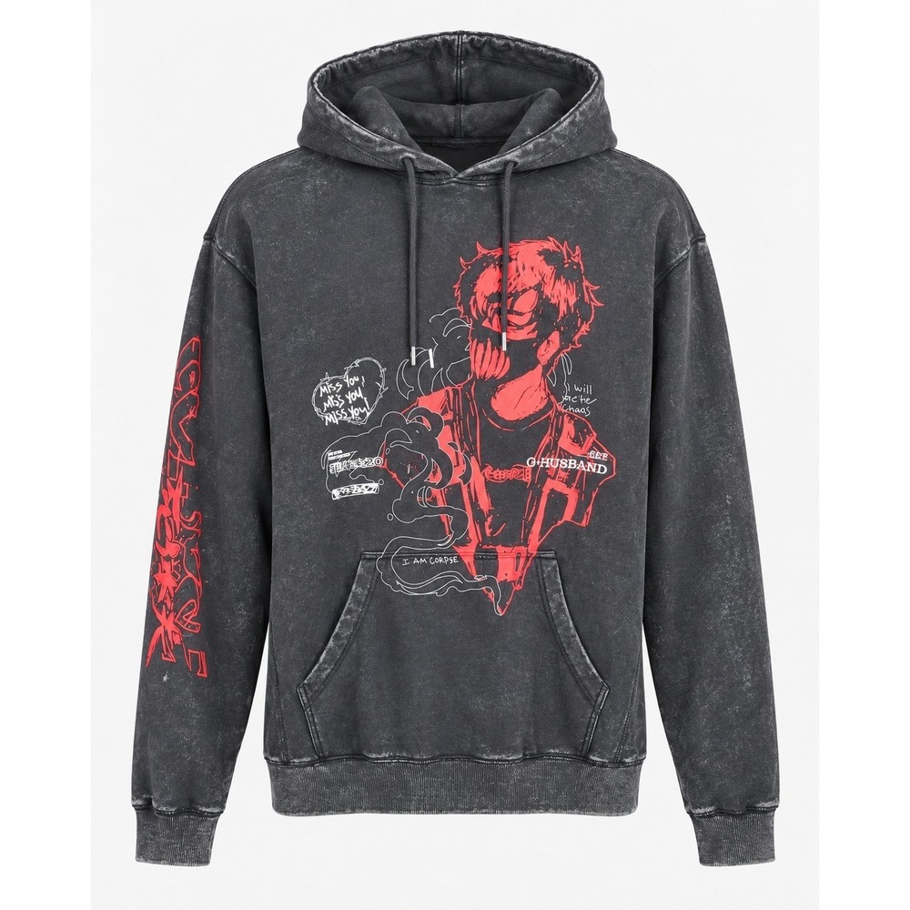Corpse Husband Hoodie Miss You M Black Acid Wash Graphic I Am Corpse 100% Cotton